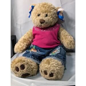 Vintage Build A Bear Workshop Curly Teddy Bear Pink Bling Tank Embroid Jeans 16"